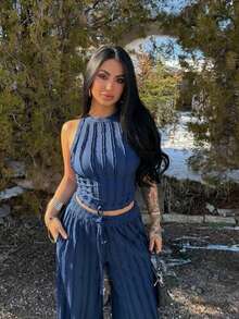 Women's Fitted Tank Top With Reverse Seam Crop Top And Wide Leg Pants 2 Pieces Set - Navy Blue - View 2