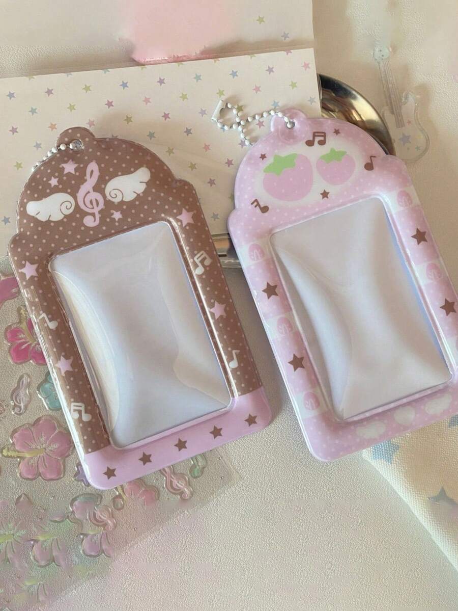 Pink Brown PVC 3-Inch Small Card Holder Original Versatile Musical Note Wings Strawberry Student Campus Card Meal Card Holder Display Pendant, Note Wings 3-Inch Photo Card Holder Cute Strawberry Student Campus Card Holder Stationery Supplies, Back To School Season - Color - View 1