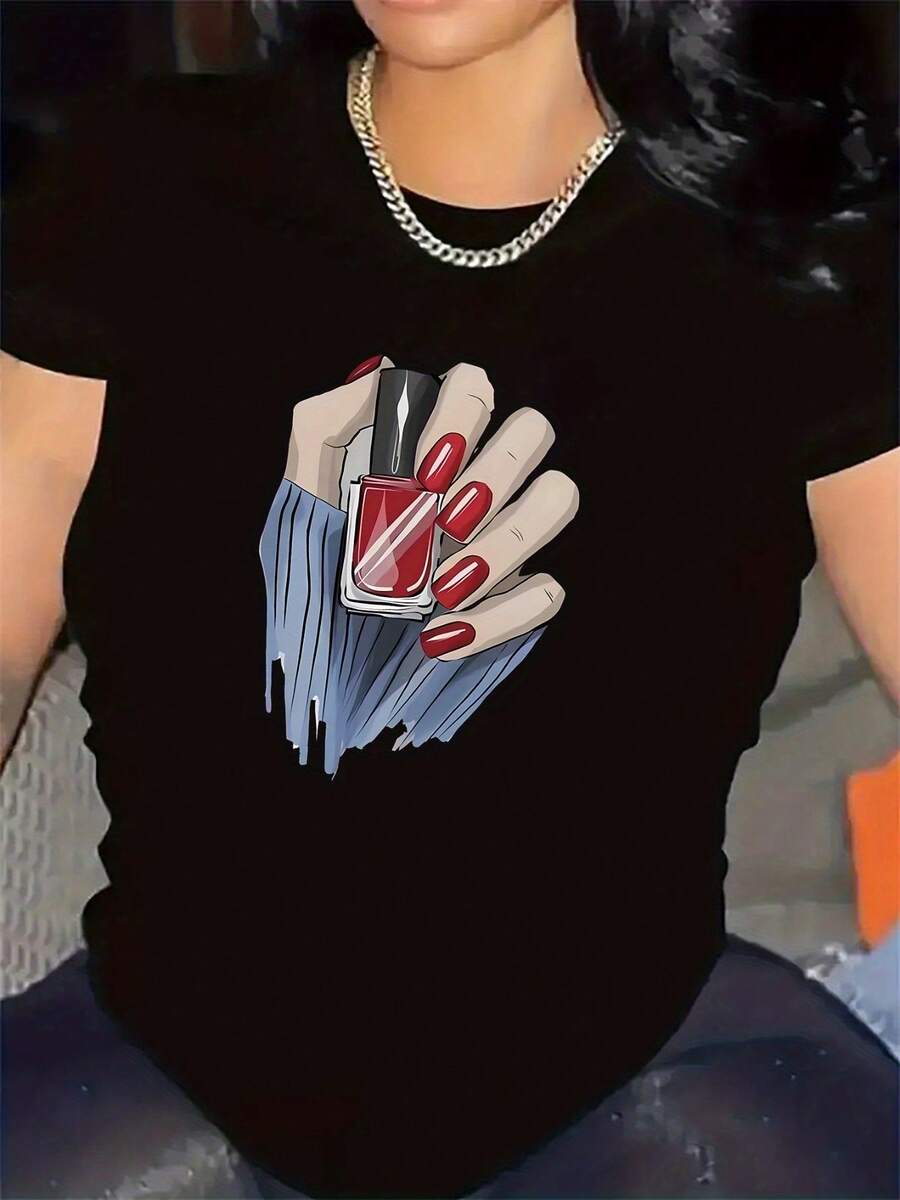 Short-Sleeved T-Shirt For Use In Restaurants, With Durable Fabric And Stylish Nail Art Design, ..., Lightweight And Breathable Material - 黑色 - 查看 1