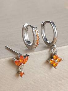 3 piezas/Set Pendientes Naranja Exquisitos, Incluyendo Pendientes de Botón, Pendientes de Aro y Pendientes con Forma de Flor, Adecuados para que las Mujeres los Usen en Citas, Fiestas, Desplazamientos Diarios y Otras Ocasiones. - Juego de pendientes de 3 piezas. - Ver 8