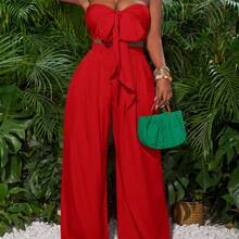Red Tie Front Bandeau Top And Wide Leg Pants Women Holiday Outfit,Summer Sets - Red - View 4
