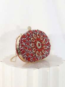 Oval Hard Shell Clutch Bag, Floral Bloom Pattern, Rhinestone Clasp, Detachable Chain Shoulder Strap, Handheld/Crossbody, Suitable For Women's Wedding Party Banquet - Red - View 5