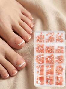 150Pcs/Caja 0#-14# Uñas postizas para pies mate nude estilo francés preformadas degradadas cortas cuadradas de varios tamaños con borde blanco para verano - Multicolor - Ver 5