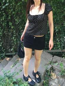 韓式波點短袖上衣 夏季繫帶方領修身顯瘦極簡性感甜美上衣 黑色 - 黑色 - 查看 6