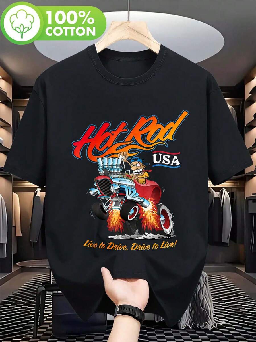 y cuello redondo, estampada con motivos de coches modificados y estilo americano, adecuada para uso casual diario, lavable a máquina, ideal para deportes, regalos y uso durante todo el año. - Negro - Ver 1