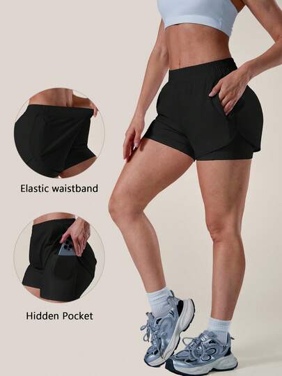 TimeOff Women's 1pc Pleated Elastic Waist Side Slit Curved Hem Side Zipper Pocket With Inner Lining Pocket Double Layer Sports Shorts