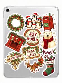 50 piezas de elegantes calcomanías navideñas, ilustraciones de Papá Noel vintage dibujadas a mano, pájaro petirrojo, oso polar y chimenea, pegatinas decorativas impermeables para personalizar fundas de teléfono, papelería y accesorios de cajas de regalo navideñas - Multicolor - Ver 2