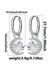 1 pieza Pendientes de clip-on para mujer con diseño de nicho único y dulce, de plata de ley 925, con circonita, forma geométrica redonda de luna, hoja de arce, media luna y strass, color dorado, estilo versátil, adecuados para oficina, ir al trabajo, citas, viajes, vacaciones, fiestas, banquetes, bodas, uso casual de otoño, regalo perfecto para cumpleaños y festividades - Plateado - Ver 3