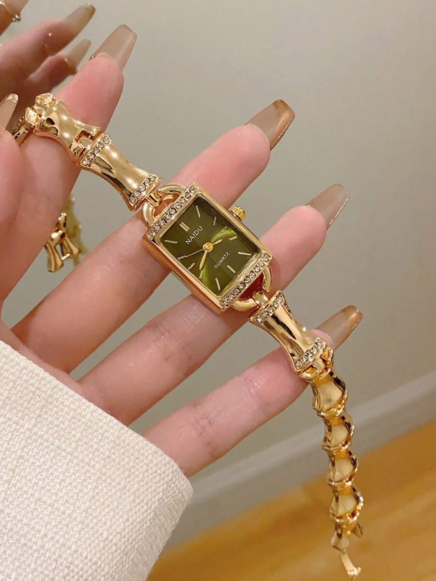 1件女款優雅金色手鐲手錶,小巧耐用時尚方形錶盤,迷人禮物,適合日常佩戴 - 金色 - 查看 1