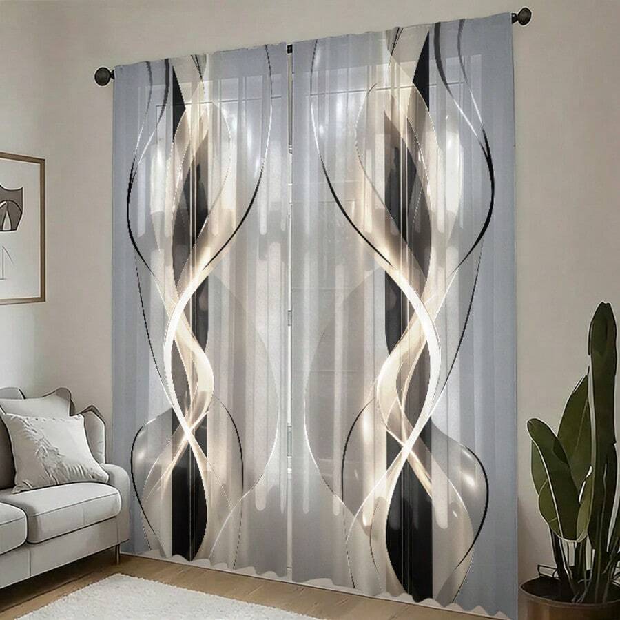 2pcs/Set 2D Printed Polyester Fabric Curtains, Machine Washable, Suitable For Bedroom, Living Room And Office, Home Decor Universal Semi-Sheer Curtains (Slight Color Difference May Occur Due To Shooting Angle Of Finished Product) - Multicolor - View 1