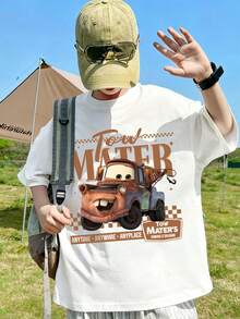 Disney Licensed Cars Tow Mater Vintage Checker Slogan Print T-Shirt, Distressed Truck Graphic Crew Neck Casual Tees - 白色 - 查看 1
