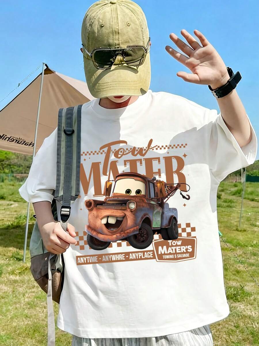 Disney Licensed Cars Tow Mater Vintage Checker Slogan Print T-Shirt, Distressed Truck Graphic Crew Neck Casual Tees - 白色 - 查看 1