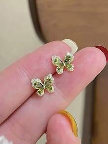 1 Pair Exquisite Small Butterfly Shaped Copper Alloy Inlaid Artificial Zirconia Elegant Vintage Design Suitable For Date Ball Party Women's Stud Earrings - Golden Yellow + Green - View 3