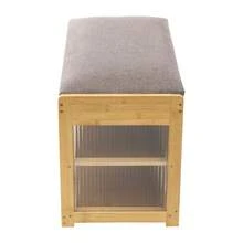 Banc à chaussures en bambou couleur bois avec porte rabattable en acrylique, banc de rangement à chaussures à 2 niveaux avec coussin, tabouret organisateur de chaussures sur pied pour entrée, couloir ou chambre, armoire à chaussures fermée à bords arrondis avec pieds surélevés - Couleur du journal - Voir 7
