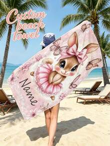 Pink Ballet Bunny Custom Beach Bath Towel, Personalized Name, Super Absorbent Microfiber Quick Dry Sand Resistant Gift - Multicolor - View 2