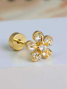 1pc Copper Cartilage Ear Stud With Tiny CZ Zirconia, 18K Gold Plated, Hypoallergenic Crystal Flower, Flat Back, Spiral Ear/Ear Cartilage/Ear Helix/Nose Stud, Piercing Jewelry 20G - A Pair Of Round  Flower Earrings - View 12