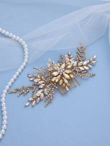 1pc Handmade Champagne Rhinestone Leaf Hair Comb, Elegant Bridal Headpiece For Wedding, Prom, Party - Champagne - View 3