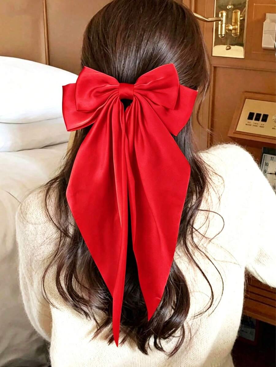 1件女款紅色大號長緞帶亮面緞面蝴蝶結優雅髮夾，適用婚禮、日常、旅行、休閒、度假、派對髮飾