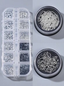 龐克美甲裝飾套組 12格 銀色圓珠合金槍黑色錐形鉚釘、合金鉚釘與金屬鍊條 Y2K 哥德風 3D 美甲裝飾 DIY 壓克力美甲貼紙 美甲沙龍用品 美甲配件工具 - 彩色 - 查看 11