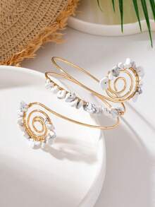 1 pieza Brazalete de brazo para mujer estilo bohemio de verano, personalizado, de moda, oversize, exagerado, curvo, tejido a mano con piedra blanca - Blanco - Ver 4