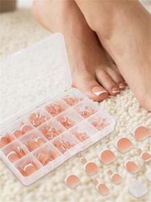 150Pcs/Caja 0#-14# Uñas postizas para pies mate nude estilo francés preformadas degradadas cortas cuadradas de varios tamaños con borde blanco para verano - Multicolor - Ver 4