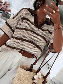 FOR BEAUTY Spring/Summer Y2K Casual Striped Crochet Hollow Polo Collar V-Neck Short Sleeve Loose Oversized Knit Sweater Vacation Style - Multicolor - View 4