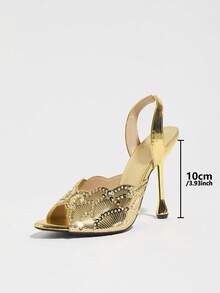 Women's Gold Fan-Shaped Beaded Sequin Round Toe Open Toe Asymmetric Water Drop Heel Sandals, Mule Shoes, Stiletto Heels, Bridal Shoes, High Heel - Gold - View 4