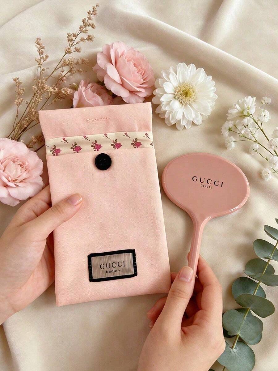 Gentle Nude Pink Handheld Makeup Mirror With Floral Lining Canvas Storage Bag, Portable Touch-Up Mirror, Suitable For Home Bedroom, Business Travel, Commuting, Birthday, Valentine's Day, Best Friend Gift, Exquisite Women's Makeup Grooming Tool, GUCCI - Dusty Pink - View 1