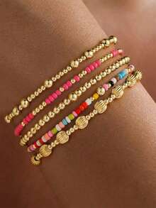 6pcs Y2K Personalized Fashion Colorful Heart Rhinestone Chain Colorful Seed Bead CCB Beaded Finger Bracelet Set, Suitable For Party, Gathering, Daily Wear, Surprise Gift For Friends And Girlfriend (Colorful Seed Bead Colors Randomly Arranged, Heart Rhinestone Colors Randomly Arranged) - Multicolor - View 4