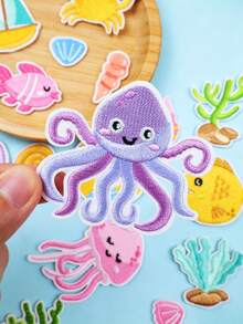 26pcs Ocean Cartoon Embroidery Patches, Various Underwater Animal Appliques, Star Crab Octopus Cartoon Fabric Patches For Clothing DIY Decoration Accessories - Multicolor - View 5