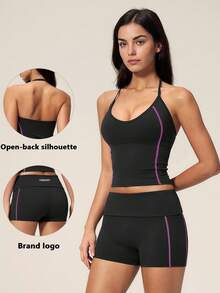 TimeOff Women's One Set Solid Color Adjustable Strap Camisole Tank Top & Wide Leg Mid-Length Shorts Sports Set - Black - View 11