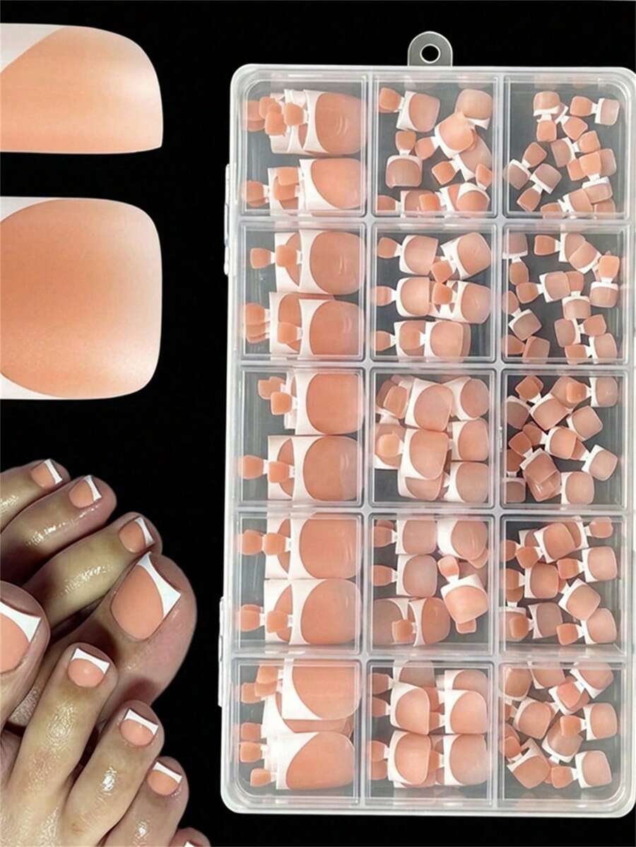 150Pcs/Caja 0#-14# Uñas postizas para pies mate nude estilo francés preformadas degradadas cortas cuadradas de varios tamaños con borde blanco para verano - Multicolor - Ver 1