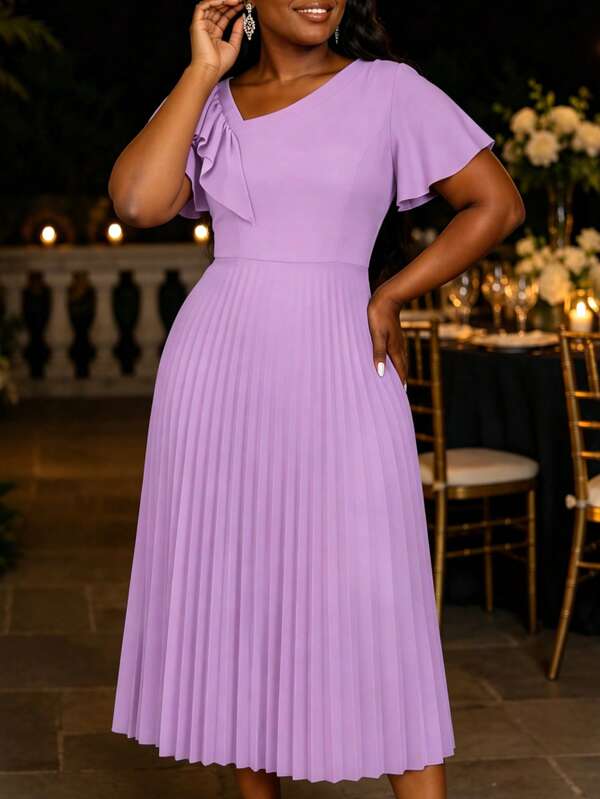 AOMEI Vestido Elegante Noble para Mujer Púrpura Claro Plisado Línea A, Escote Asimétrico, Mangas con Volantes, Cintura Alta, Boda de Verano, Fiesta de Cumpleaños, Vestido de Noche, Temporada de Graduación, Regreso a la Escuela, Atuendo de Otoño