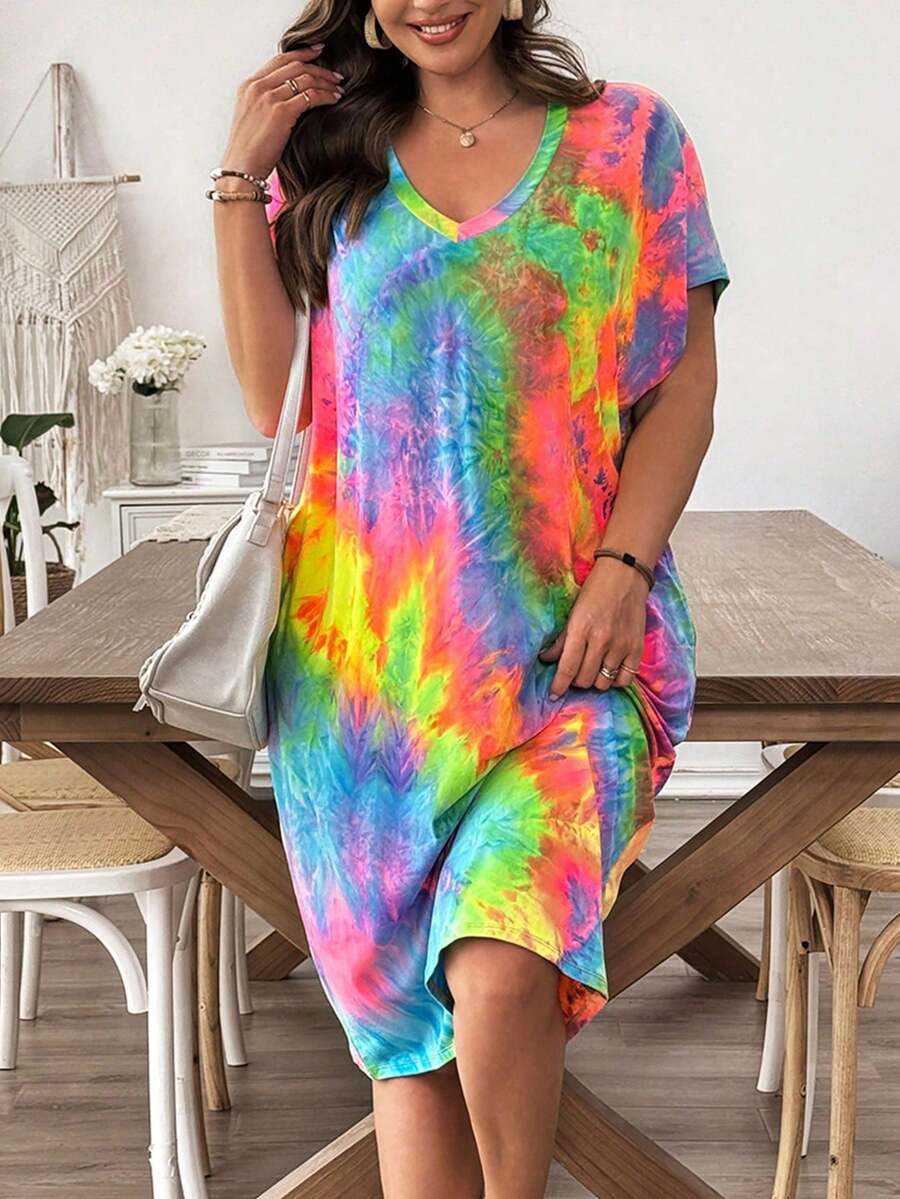 LUNE Vestido de verano de manga corta con efecto tie-dye de colores vivos para mujeres de talla - Multicolor 3 - Ver 1