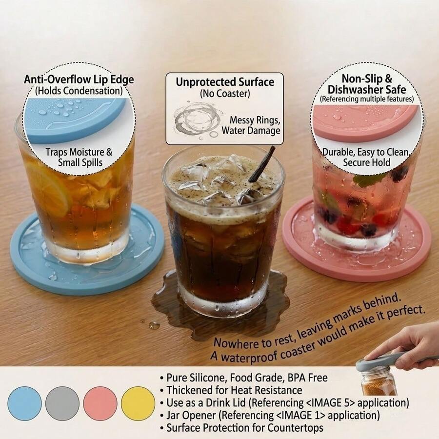 1/3/6pcs Colorful Silicone Drink Coasters, Waterproof Non-Slip Heat-Resistant Desktop Coasters, Suitable For Cold Drinks, Iced Coffee, Wine Glasses, Cute Home Decor Desk Protector