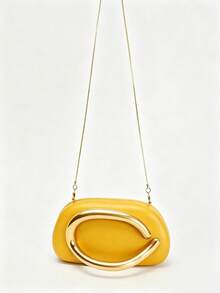 Hard Shell Clutch, Solid Color With Pattern, Large Gold Curved Metal Hardware, Detachable Chain Crossbody Strap, Minimalist Luxury Style, Suitable For Parties - Yellow - View 2