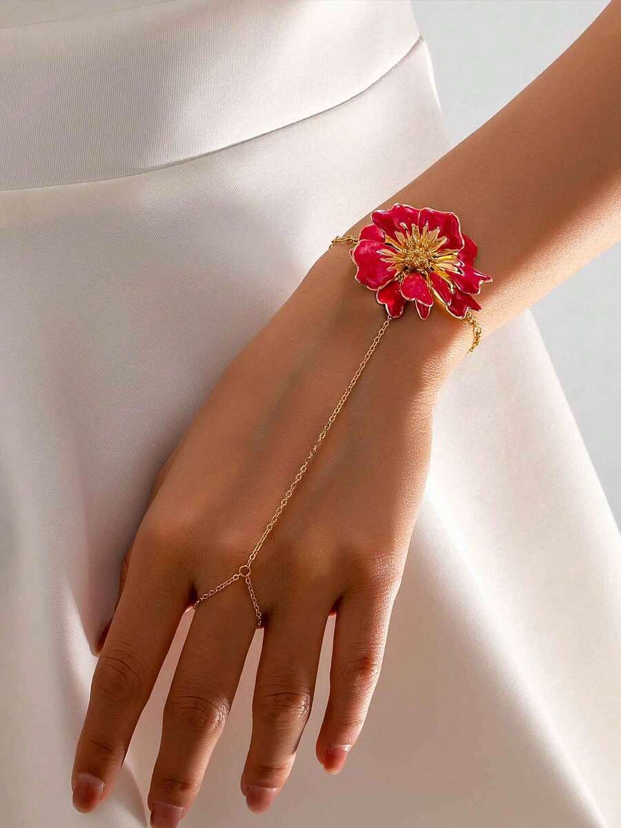 1pc Vintage Red Peony One-Piece Bracelet Ring Chain Enamel Flower Hand Jewelry Fashion Unique Design Bracelet For Women Daily Wear - Hot Pink - View 1