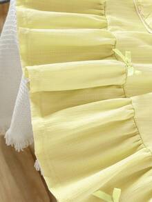 2pcs/Set Young Girls Figure & Floral Print T-Shirt + Solid Color Bow Decor Elegant A-Line Skirt Set, Summer - Yellow - View 8