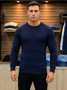 Men's Basic Knitting Sweater Round Neck Long Sleeve - Blue - View 6