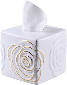 White Ceramic Cube Tissue Box Cover With Gold Rose U2013 Large Elegant Rose Floral Square Decorative Tissue Box Holder For Bathroom, Bedroom, Office Desk, Kitchen Counter U2013 Perfect Housewarming Gift - White - View 1