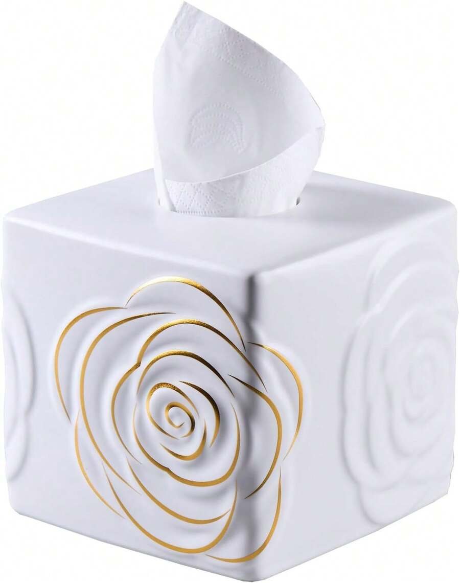 White Ceramic Cube Tissue Box Cover With Gold Rose U2013 Large Elegant Rose Floral Square Decorative Tissue Box Holder For Bathroom, Bedroom, Office Desk, Kitchen Counter U2013 Perfect Housewarming Gift - White - View 1