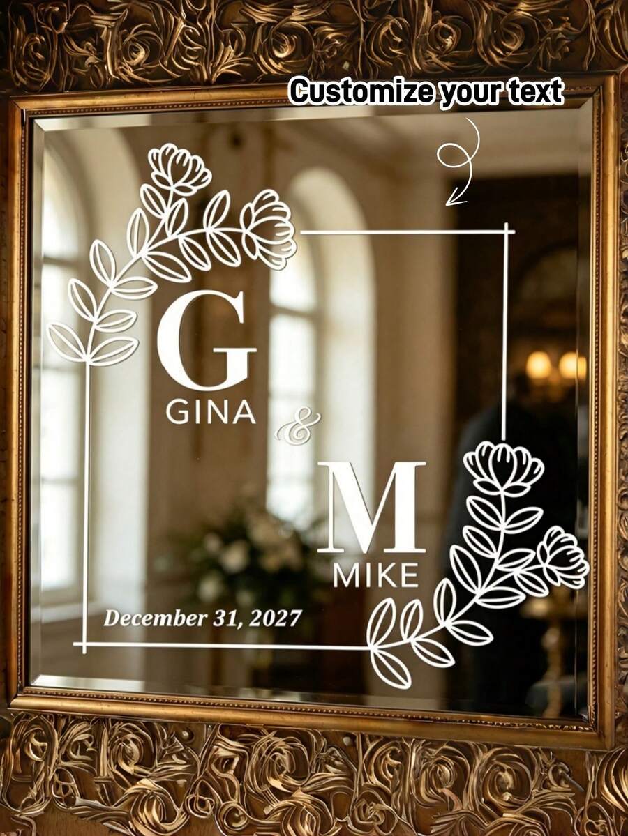 Custom Name, Date And Initial Art Square Leaf Wedding Minimalist Text Vinyl Wall Decal, Celebration Party Wall Sticker, Suitable For Shower, Party, Event, Personalized Welcome Sign, Decorative Mirror Decal - Multicolor 9 - View 1