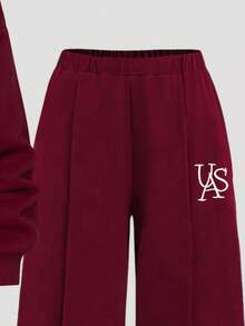 Youth Girl Letter Print Round Neck Asymmetric Shoulder Long Sleeve Top And Pants - Burgundy - View 5