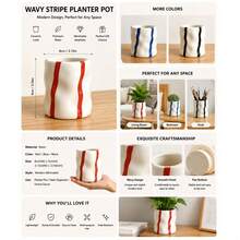 Korean Ins Minimalist Style Three-Color Striped Design Handmade Asymmetrical Wavy Resin Cup, Glossy Ceramic Texture, Multi-Functional Succulent Plant Pot & Cosmetic Storage Box, Dressing Table Decor Small Gift - Striped Wavy Flower Pot - View 6