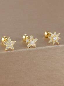 Bộ 3 món bông tai xoắn mạ vàng 18K thép không gỉ đính đá Cubic Zirconia, bông tai kẹp vành tai hình hoa đính đá Cubic Zirconia, trang sức hàng ngày cho nữ - Hoa3 - Xem 13