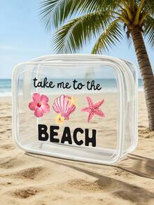 "See You At The Beach" Buchstaben-Muster PVC wasserdichte Strandtasche mit Badeanzug-Muster, PVC Kosmetiktasche, PVC Reiseorganizer-Tasche mit Reißverschlussverschluss - leichte, lichtechte Damen-Kosmetik- und Kulturbeutel, TSA-zugelassene tragbare Kosmetiktasche, leicht zu reinigendes Design, geeignet für Mütter, Lehrer, Freunde, Krankenschwestern Kosmetiktasche, Schulferien Urlaubs- und Schulanfangszubehör Kulturbeutel - Verschiedenfarbig - Übersicht 2