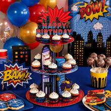 3 Tier Comic Superhero Cupcake Stand, City Theme Dessert Display Tower With Happy Birthday Sign For Comic Book Birthday Party Decorations And Treat Table Display - Multicolor - View 3