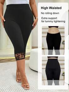 Pantalones de yoga de talle alto y unicolor con control de abdomen para mujer de talla grande, diseño con encaje, tela elástica y cómoda, adecuado para uso casual y deportivo en primavera - Negro - Ver 4