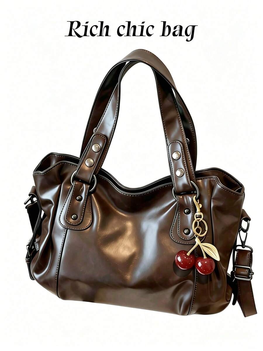 This Classic And Fashionable New Multi-Functional Solid Color Shoulder Bag Is Designed With A Large Capacity Vintage PU Material, - 咖啡 - 查看 1