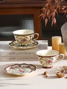 1pc European Vintage High-End Exquisite Highly Attractive Coffee Cup And Saucer Set, Suitable For Latte Coffee, Black Tea, Beverages, Water, Desserts, Fruits, Cakes, Applicable For Western Restaurants, Chinese Restaurants, Coffee Shops, Kitchens, Offices, Meeting Rooms, Living Rooms, Parties And Gatherings - Multicolor - View 1
